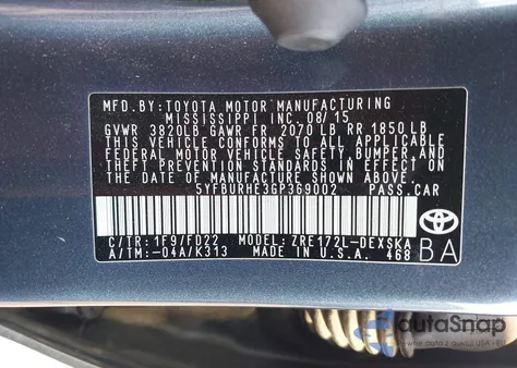 2016 Toyota Corolla L/Le/Le Pls/Prm/S/S Pls из США, поврежденный, VIN 5YFBURHE3GP369002